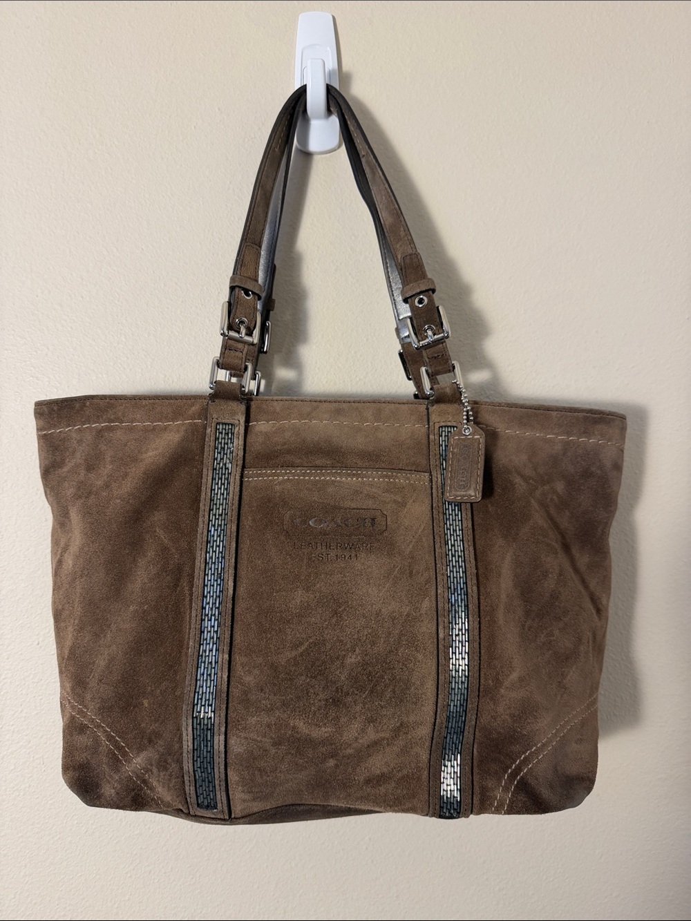 Vintage 2005 Coach Loden Suede Beaded Stripe Tote Bag in Brown 8B31